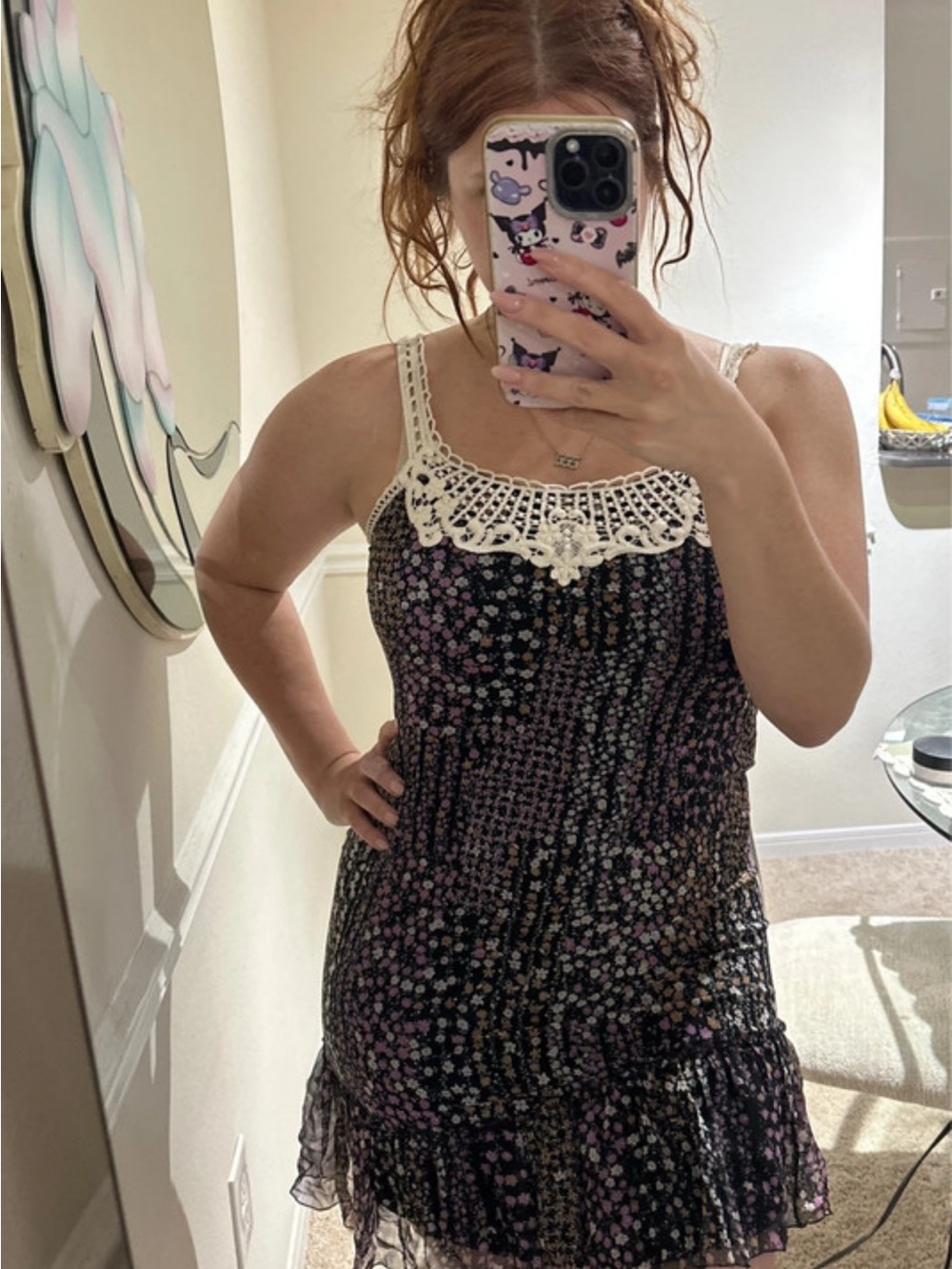 Buffalo David Bitton Black Floral Crochet-Trim Mini Dress